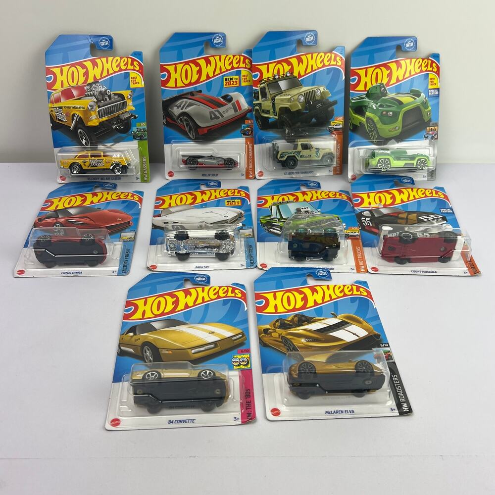 Hot Wheels Lot of 10 - McLaren BMW Count Muscula Bel Air Lotus Jeepster Corvette